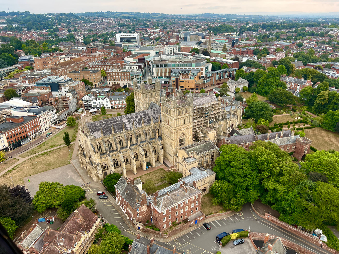 Aerial view of Exeter Cathedral and Exeter city centre seen from a hot air balloon flight in Devon