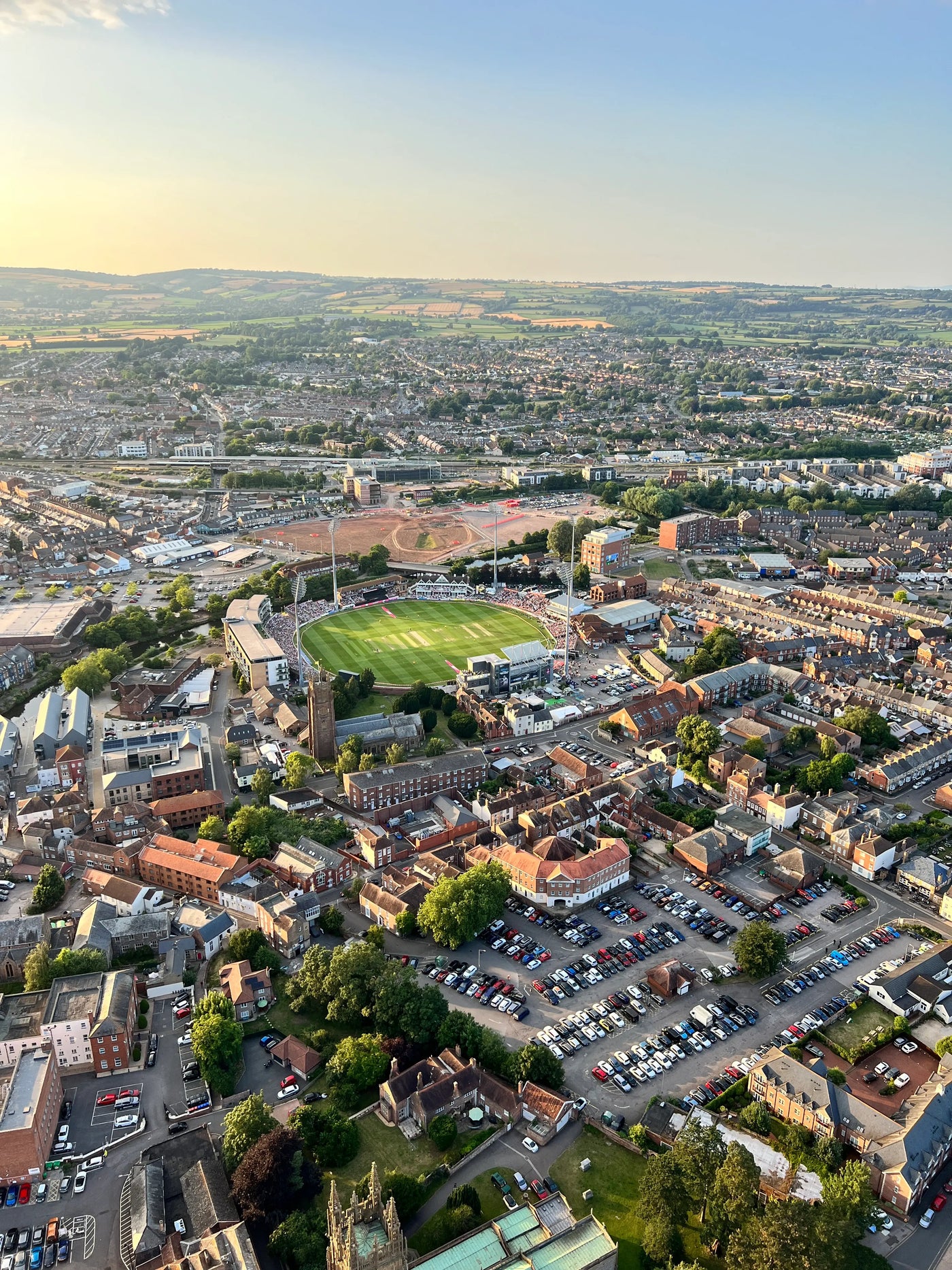 Aerial view of Taunton town and Somerset County Cricket Ground seen from a hot air balloon